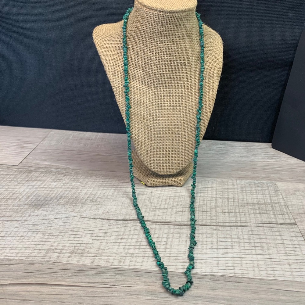 Malachite Chip Bead Necklace 32 Inch Green Natural Stone Strand Long Layering